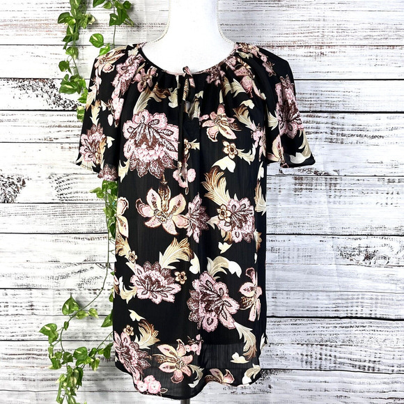 Philosophy Blouse Size Small Black Pink Floral Tropical Hawaiian Cottage Core - Picture 1 of 11
